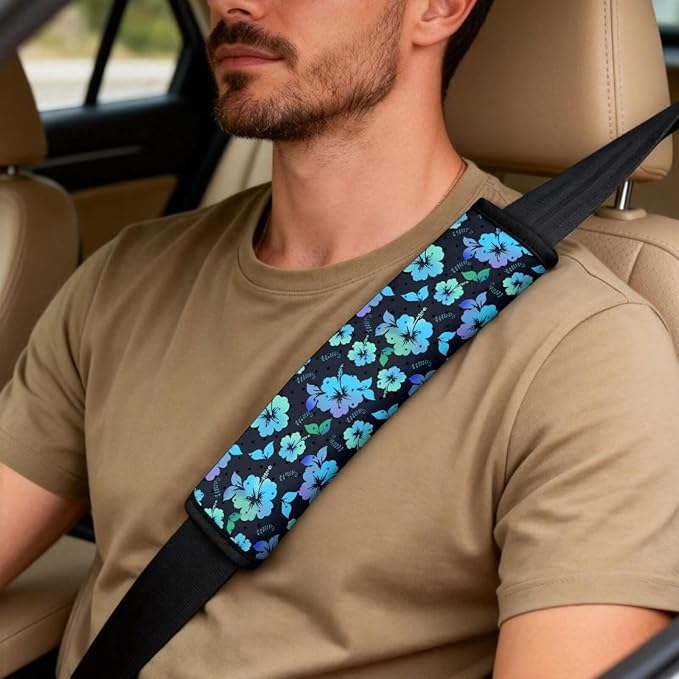 Psesaysky Universal Leather Car Seat Covers Set, Blue Hibiscus 2 Front Seat Protectors + 2 Seat Belt Pads + 1 Center Console Armrest Cover (5 Pieces Full Set)