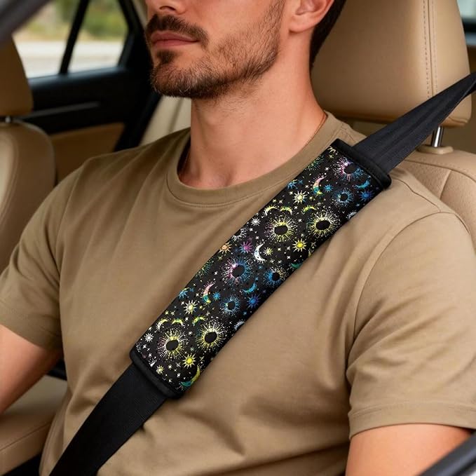 Qeluxign Auto Seat Covers with Car Center Console Cover, Colorful Moon Star Belt Cover PU Leather Breathable Full Set Bucket Seat Covers, Pack of 5, Universal Fit for Sedan,SUV