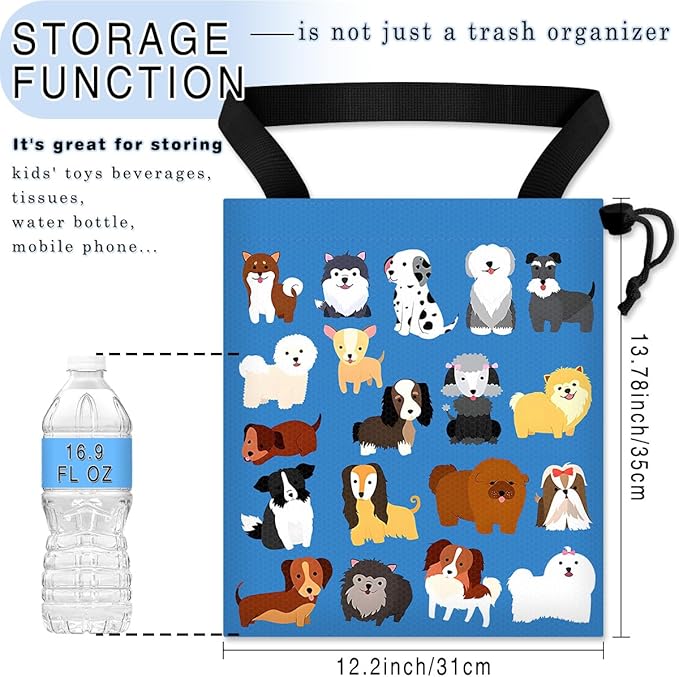 GEGEPINK Car Trash Bag Hanging Back of Seat Waterproof Small Cute Printed One-Handed Strap Drawstring Garbage Bags for Car-Cute Animal Dogs