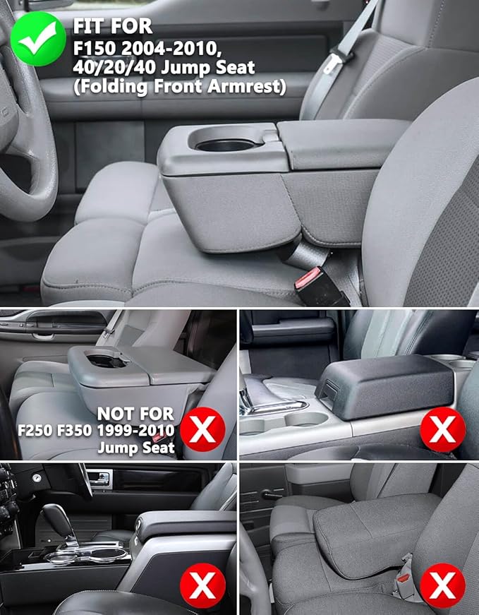 KBH Center Console Armrest Cover for Ford F150 2004 2005 2006 2007 2008 2009 2010, 40/20/40 Jump Seat, Middle Console Cushion Thick Pad, Vinyl Leather Trim, Anti-Scratch, Gray