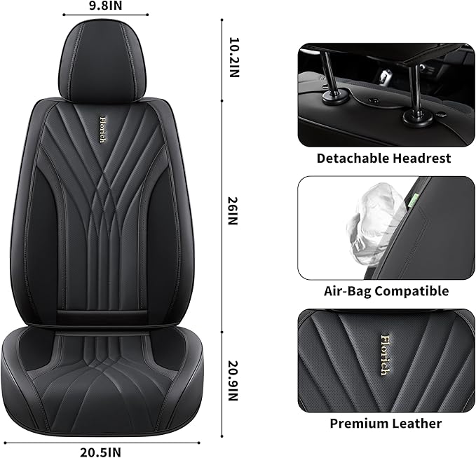 FLORICH Car Seat Covers, Leather Seat Covers 2PCS,Waterproof Front Seat Cover for Cars, Luxury Leatherette Car Seat Cushion, Automotive Black Seat Covers for Sedan SUV Pick-up Truck