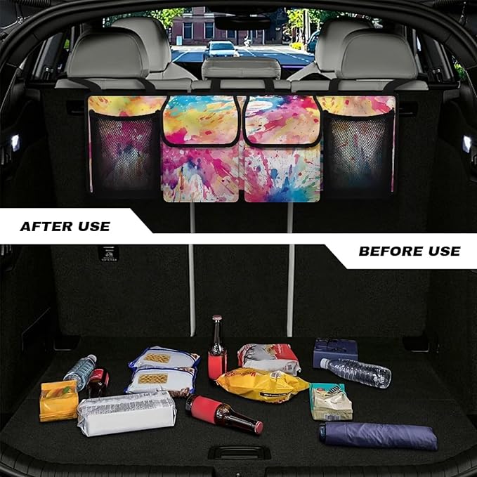 Hanging Trunk Organizer for Car Women Oxford Cloth Car Organization Accessories with 4 Pocekt Reusable Car Back Seat Organizer for SUV/MPV/Truck, Machine Washable, Splash Ink
