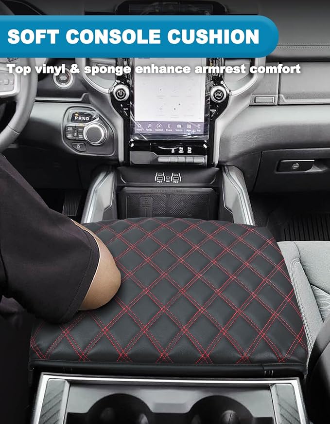 Center Console Cover for Dodge Ram 1500 2019-2026, Bucket Seat, Vinyl Leather Interior Accessories, Car Armrest Cushion Pad, Anti-Scratch, Black-Red Stitch