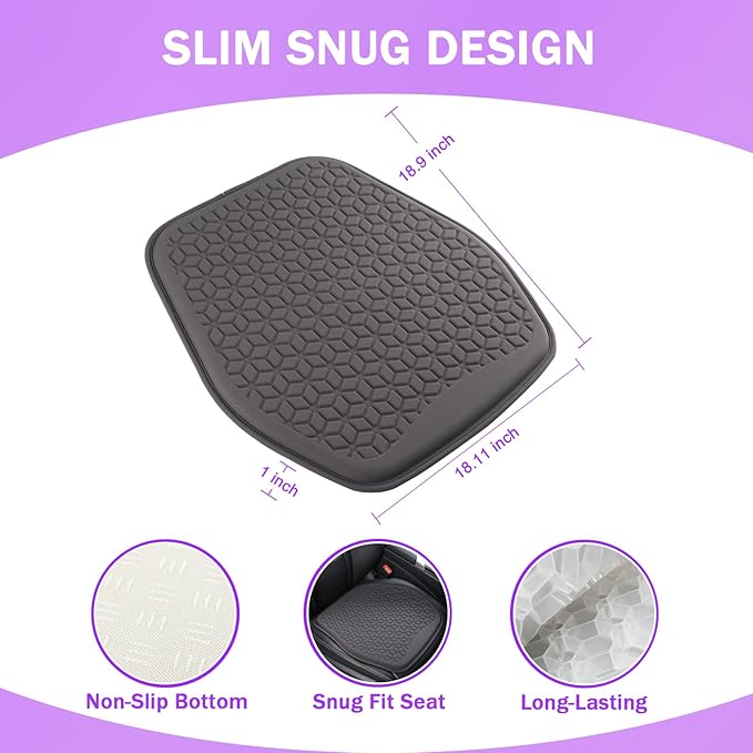 Thin Gel Seat Cushion for Car Seat, Office Chair, Wheelchair, Golf Cart - Slim Design Non-Slip Car Seat Cushions with 0.7 Inch Gel - Sciatica & Coccyx Pain Relief (Fabric, Dark Grey)