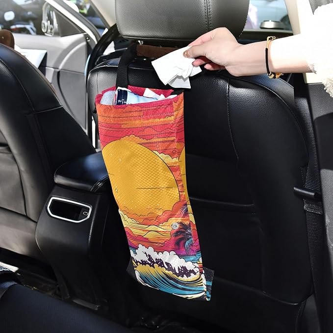 ALAZA Hanging Car Trash Bags Garbage Bag Trash Can for Back Seat Small Sea Wave Sunset Washable Storage Bag Retractable 2 Pack
