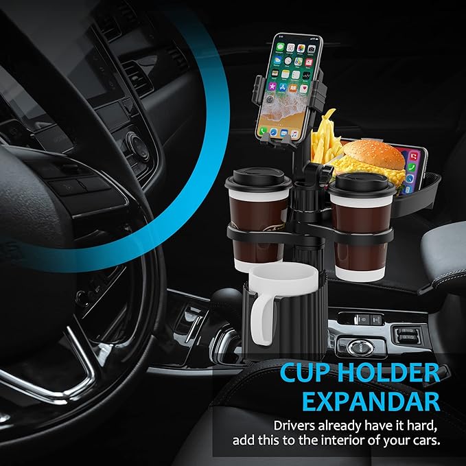 Car Cup Holder Extender Tray, 5-in-1 Removable Car Food Tray, Three Cup Holders and Width Adjustable Swivel Phone Holder, Additional widening Pads Make it Suitable for Most car Models