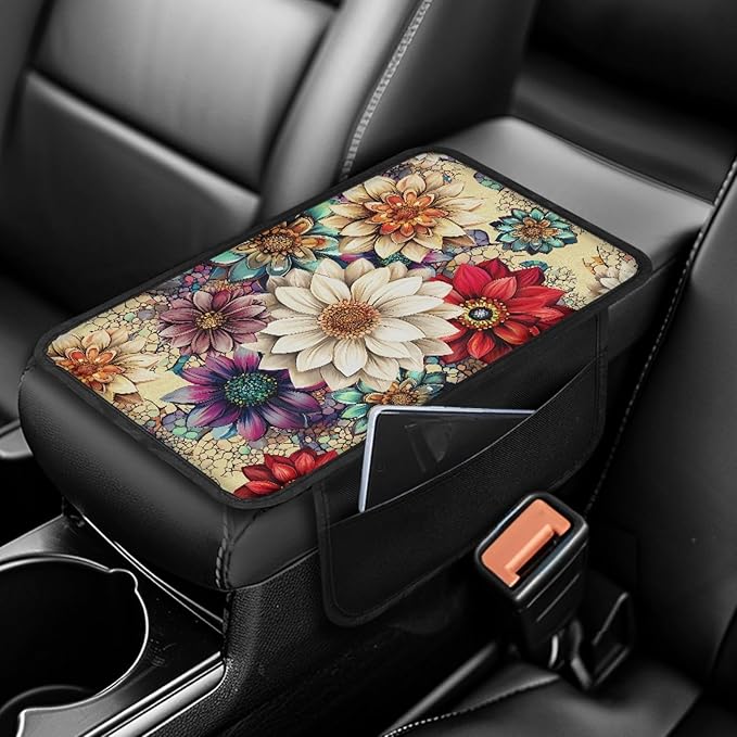 CLOHOMIN Colorful Dahlia Car Center Console Cover, Universal Arm Rest Center Console Storage Cover Flowers Auto Car Armrest Cover for Most Vehicles Automobile Accessories