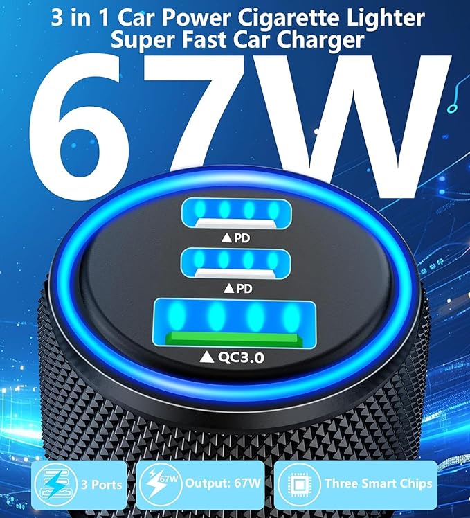 USB C Car Charger for iPhone 17, 2Pack BAOYUANDA 67W 3-Port USB-C & USB-A Fast Car Charger Cigarette Lighter Fast Charging for iPhone 17/16/15/14/13/12/Pro Max, iPad Pro, Galaxy, Google Pixel, Android