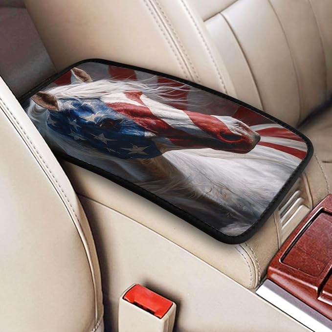 American Flag Horse Center Console Cover Pad, Car Armrest Seat Box Cover Cushion Universal for Most Vehicle SUV Truck, Car Interior Accessories Decor, Protect from Pet Claws & Dirt