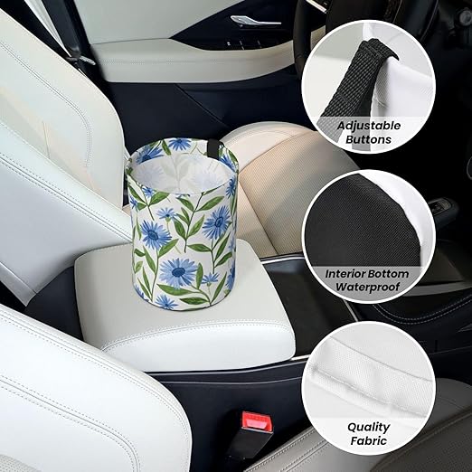 Cornflower White Flowers Car Trash Can Garbage Cans Foldable,Cute Hanging Car Organizer and Storage Bag Leak Proof, Auto Back Seat Trash Bin Universal for Truck, SUV, Outdoor Travel