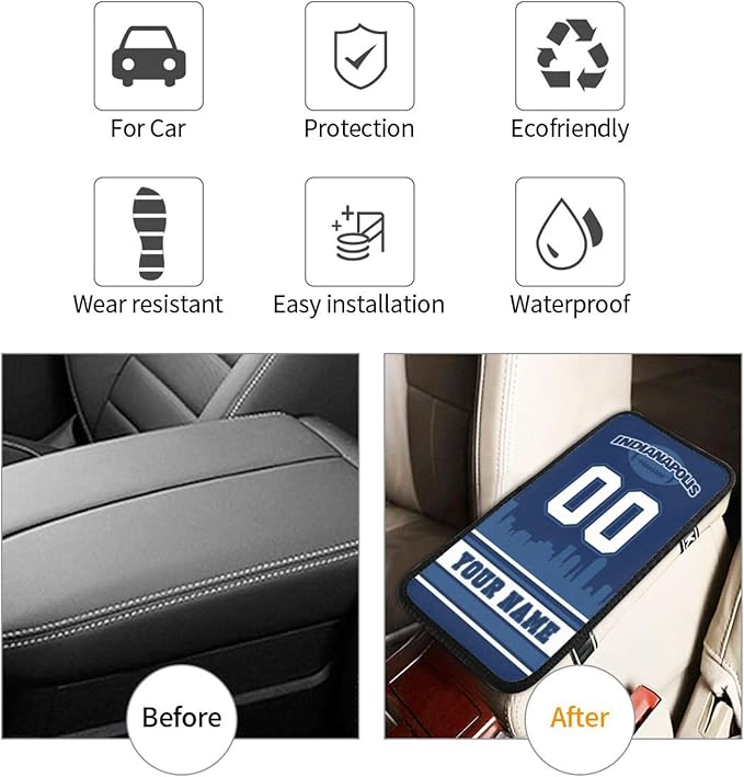 Custom Indianapolis Car Armrest Covers Personalized Football Style with Name Number Customized Auto Center Console Pad Car Handrail Box Cushion for Most Vehicle Decor Accessories, Fans Gift