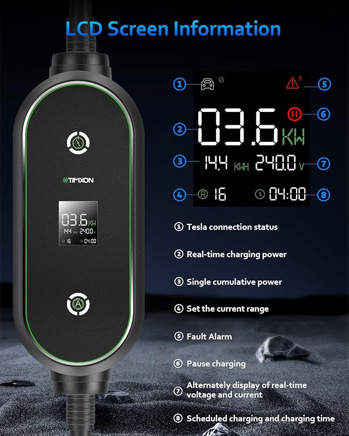Level 2 & Level 1 EV Charger for Tesla Mobile Charging, 16A ETL Certified 110/240V EV Car Charger with 25ft Extension Cords, NACS Connector, NEMA 6-20 Plug to NEMA 5-15 Adapter for Tesla Model Y/3/S/X