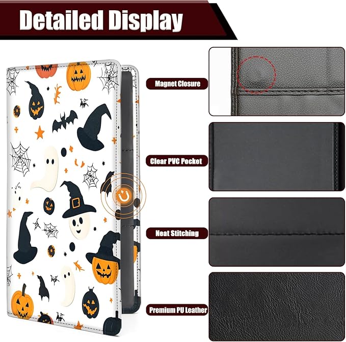 Car Registration Holder, PU Leather Vehicle Glove Box Organizer for Driver License, Document, Car Insurance Holder with Magnetic Shut, Auto Paperwork Wallet Accessories, Halloween Pumpkin + Witch Hat
