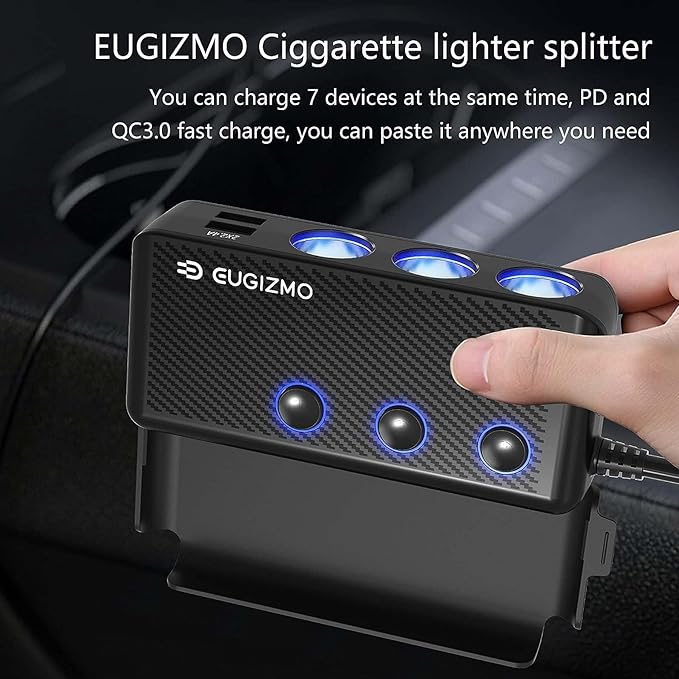 Cigarette Lighter Plug Splitter, 200W 3 Socket Car Cigarette Lighter Adapter USB Charger Extension Cord Multi Port Power Plug 12V/24V Splitter with LED Voltage Display Independent Switches