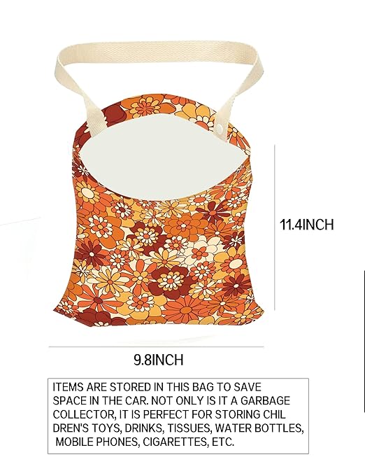 ANKVRP Car Trash Can, Durable Hanging Car Trash Garbage Bag, Cute Automotive Garbage Cans Organizer, Boho Orange Flowers