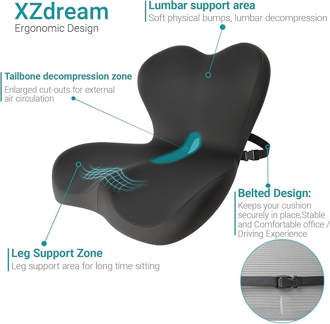 XZdream Memory Foam Seat Cushion,Office Chair Cushion with Lumbar Support for Back Pressure Relief,Sciatica,Car Seat Cushion with Adjustable Strap,Hip Pad Cushions for Car,Truck,Desk (D-Black)