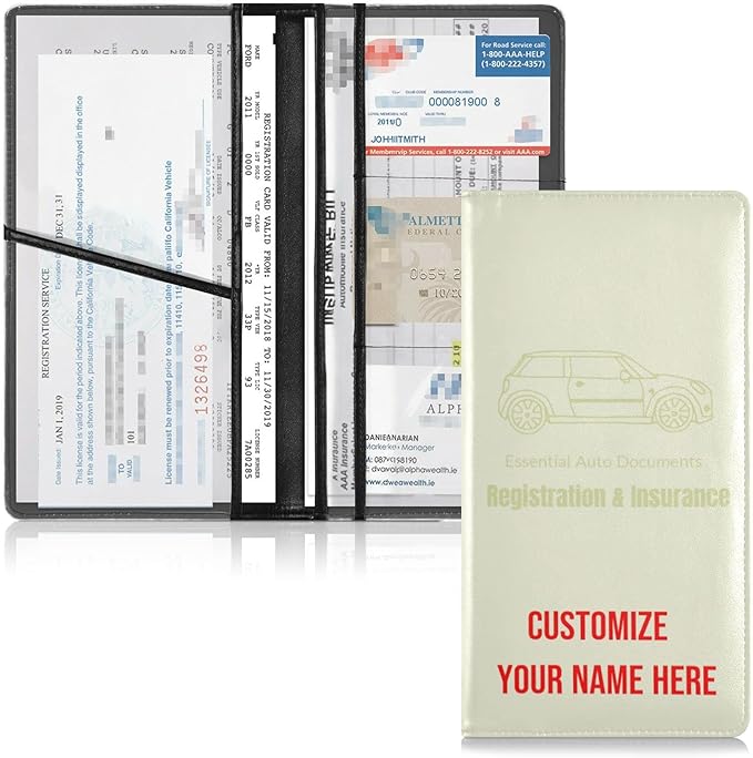 Caihoyu Custom Car Registration and Insurance Card Holder Personalized Leather Glove Box Organize Men Women Wallet Accessories Case for Cards, Essential Document Driver License Beige