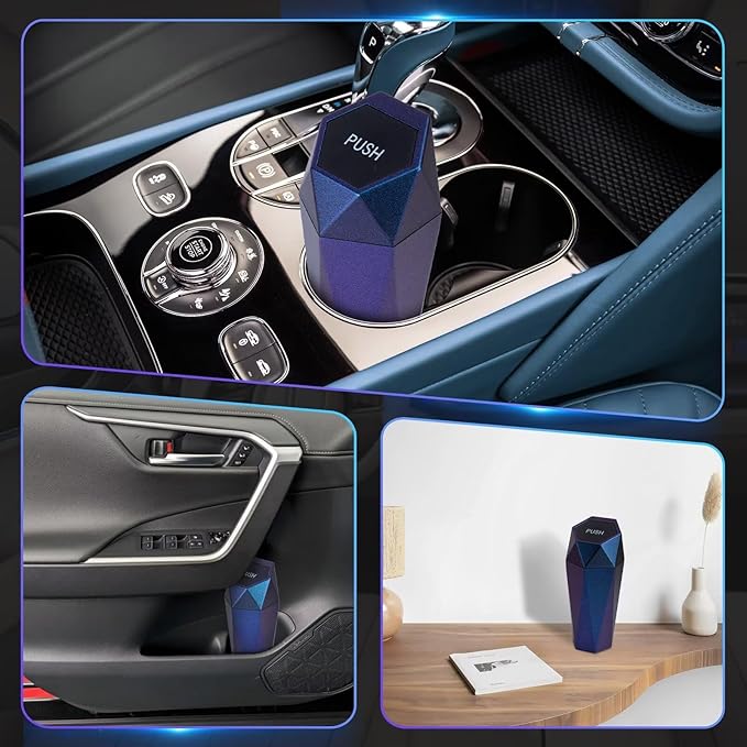 Car Trash Can, Car Trash Bin with Lid, Car Accessories for Women Interior, Car Garbage Can with Additional 2 ABS Hooks and 60pcs Trash Bags, Suitable for Home, Office, Car Organizer, Blue Purple