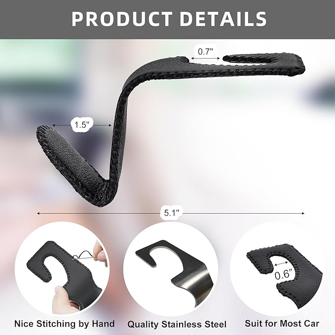 Etre Jeune 4 Pack Car Purse Hook, Leather Car Headrest Holder Hooks for Hanging Purses and Bags and Coats, 4Pack Black