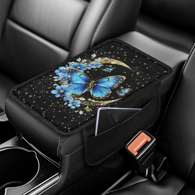 BIGCARJOB Blue Butterfly Car Center Console Cover Universal Armrest Cover for Car Center Console with Side Storage Portable Middle Console Cover Auto Center Console Organizer Bag