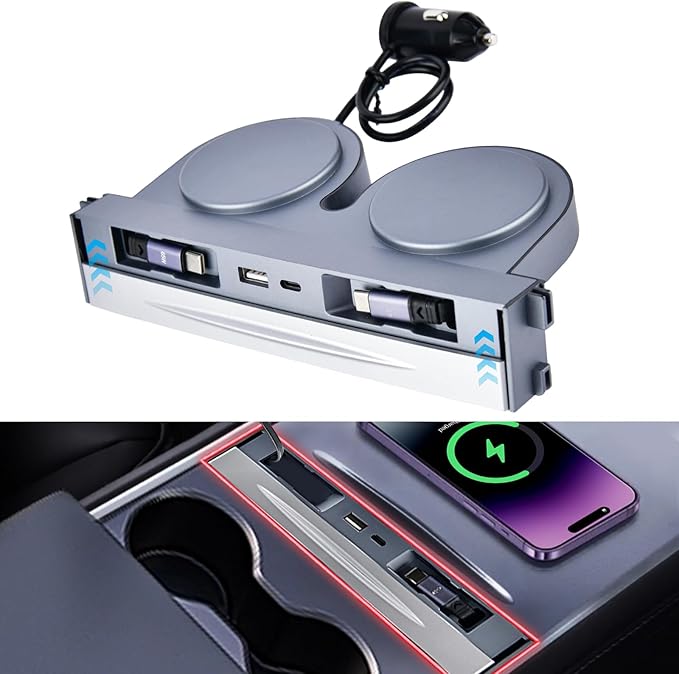 Upgrade Car USB Hub for Tesla Model 3 & Model Y Accessories, 65W Fast Phone Charger with 2 USB-C Retractable Cables & Waterproof Slide Cover Fit Model 3 2024-2026 & Model Y Juniper 2025-2026