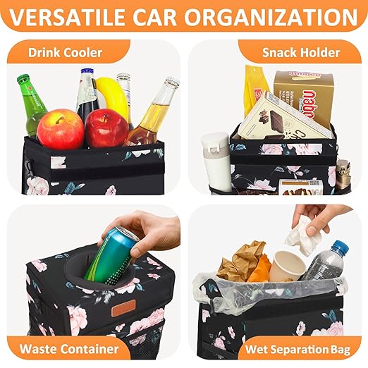 Vankor 3 Gallons Car Trash Can with Lid, Car Bag Bin Hanging Waterproof Automotive Garbage Cans Leak Proof Vehicle Trash Can Black Floral