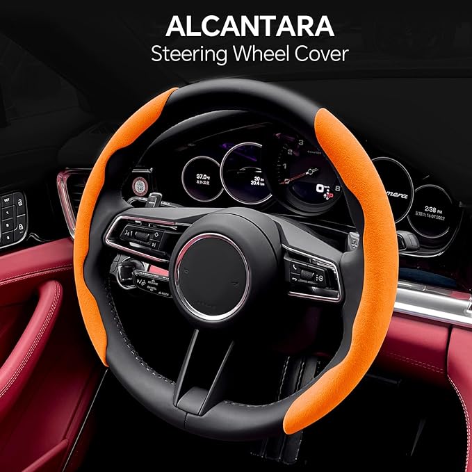 PAUUOOA 2 Piece Alcantara Steering Wheel Cover - Split Sport Design for D & O Shape Wheels, Soft Touch · Anti-Slip Grip · All Season Comfort · Durable Luxury Material for Performance Cars