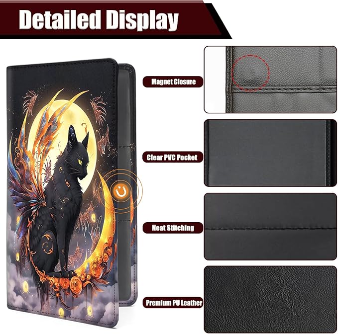 Car Registration and Insurance Holder, PU Leather Auto Document Holder for Men&Women, Vehicle Glove Box Compartment Organizer with Magnetic Shut for Driver's License, Black Cat Lunar Eclipse Pattern