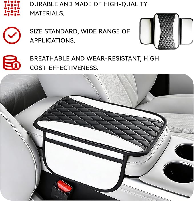 Patchwork Leather Center Console Cover, Upgraded Car Armrest Cover with 2 Storage Bags, Universal Arm Rest Covers for Car, Vehicle Interior Accessories Middle Console Cushion Organizer (White)