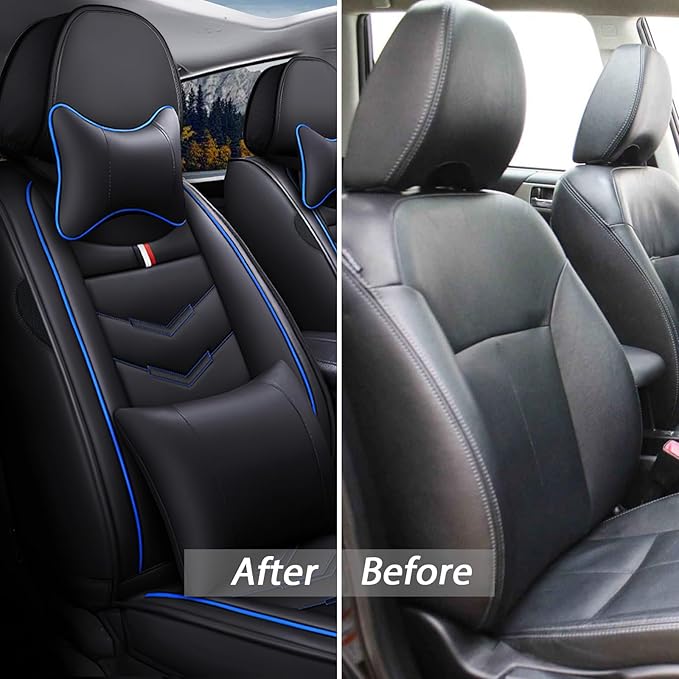 MVRVMV Seat Covers for Ford Ranger 2005-2026, Waterproof Leather Auto Seat Cover with 2* Neck Pillow and 2* Lumbar Support (5 Seat Luxury,Black-Blue)