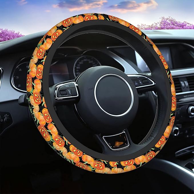 Swono Pumpkins Universal Neoprene Steering Wheel Cover Cute Halloween Pumpkins Orange 15 Inch Steering Wheel Covers,Printed Steering Wheel Elastic Protection for Women and Girls