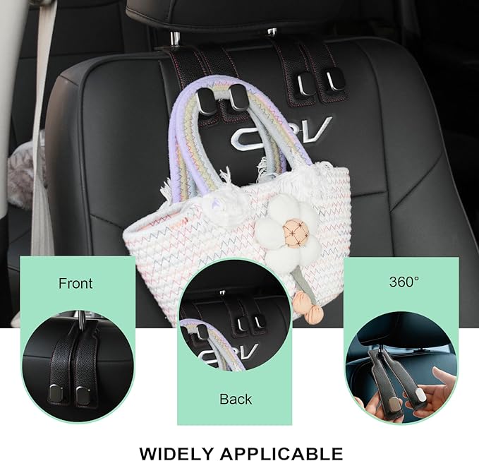 2PCS Car Seat Back Storage Headrest Hooks, Genuine Leather Double Metal Hook for Backseat Organizer for Men Women Car Organization Accessories (G)