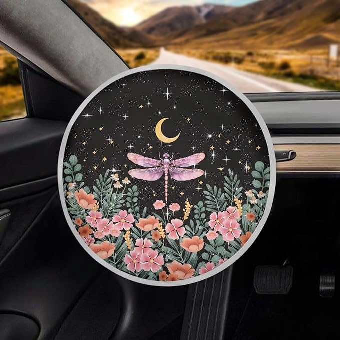 Steering Wheel Sunshade Cover Steering Wheel UV Reflector Shade Cover Car Interior Accessories Sun Protection for Car SUV Truck Van, Vintage Floral Dragonfly Moon Star Pattern