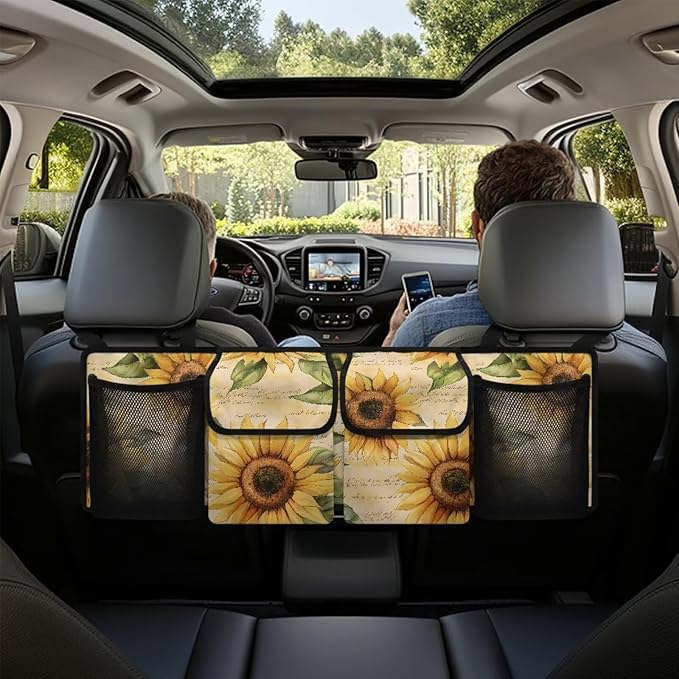Sunflower Trunk Organizer for Car, Large-Capacity Trunk Storage Organizer with 4 Pocket, Butterfly Car Decor Fashion Car Organizers Storage Back Seat Car Organizer, Keep the Car Clean and Tidy