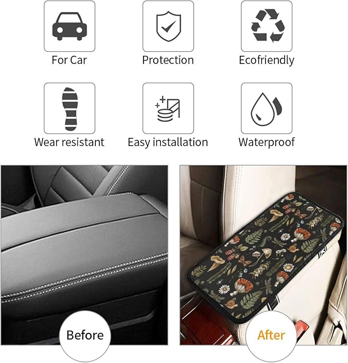 DORKEIXIA Vintage Magic Witch Mushroom Fern Witchcraft Auto Center Console Armrest Pad Universal Car Center Console Cover Seat Box Cover for Sedan, Van, SUV, Truck Car Accessorie