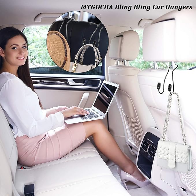 MTGOCHA Car Headrest Hooks Car Purse Hook(2 Pack),Bling Car Bag Hooks, Car Hook for Purses and Bags Cute Metal Car Purse Holder Hook, Bling Car Accessories for Women, Electroplating Black