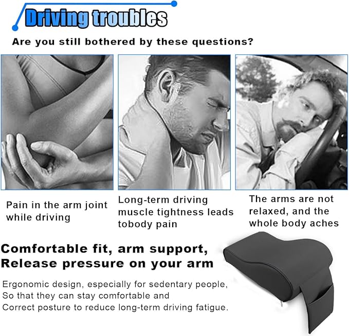 Car Armrest Cushion, Memory Foam Car Center Console Pillow Cushion with Phone Holder Storage Bag, Leather Arm Rest Pillow Cover, Universal Car Armrest Pad Accessories (Black)
