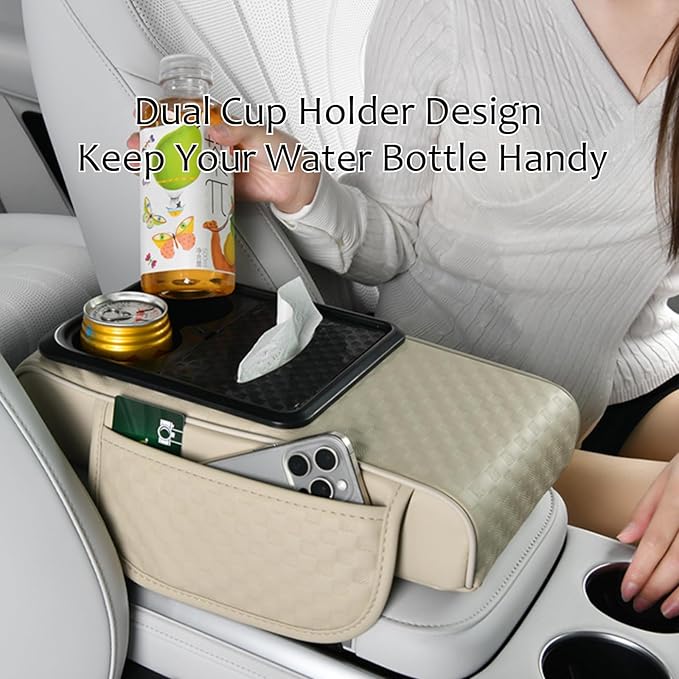Car Center Console Armrest Pad, Arm Rest Box Cushion with Ergonomic Height Boost, Storage Pockets, Built-in Tissue Box, Cupholder, Fit for Most Sedan Vehicles (Embossing Checkerboard, Black-Red)