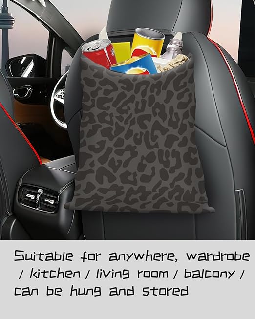 APVDSH Cute Canvas Car Garbage Bag, Black Leopard Print, Car Trash Bin, Seat Back Hanging, 5L