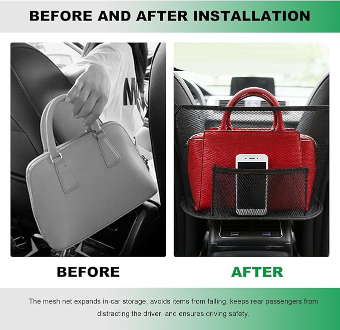 Car Net Pocket Handbag Holder, Auto Purse Holder Organizer Mesh Bag Between Front Seats, Large Capacity Driver Storage Netting Pouch Backseat Barrier for Handbags Purses Wallets