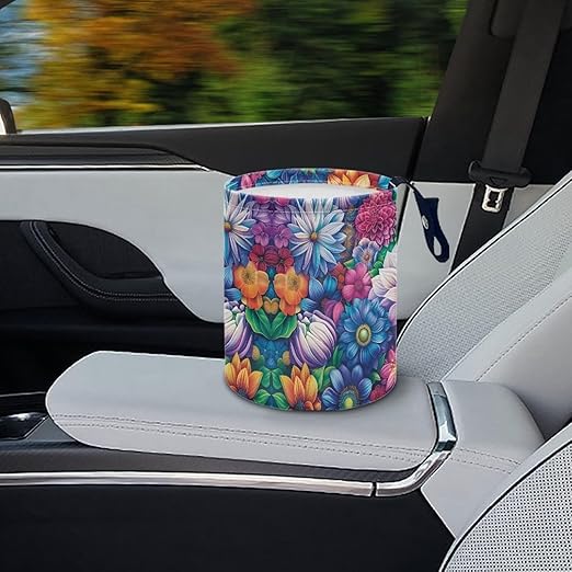 Brosoneto Hanging Portable Car Boho Flower Print Multipurpose Car Accessories Interior Universal Collapsible Back Seat, Front Console, Floor, or Hanging Headrest Waste Basket