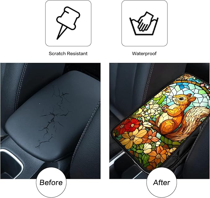 JANENFNA Car Armrest Cover Pads Universal Fashion Cute Auto Center Console Armrest Cover Pad with 2PCS Car Coasters Soft Waterproof Car Armrest Seat Protector for Women,Stained Glass Squirrel