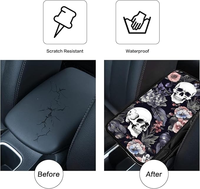 JANENFNA Car Armrest Cover Pads Universal Fashion Cute Auto Center Console Armrest Cover Pad with 2PCS Car Coasters Soft Waterproof Car Armrest Seat Protector for Women,Skulls Flowers