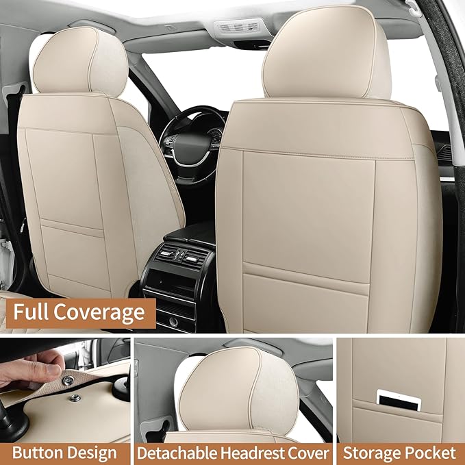 hoozoom Leather Seat Covers for Cars Breathable Front Seat Covers Waterproof Seat Protectors Universal Fit for Most Automotive Cars SUV Trucks Van (Beige, Front Pair)