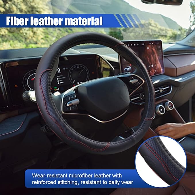 Car Steering Wheel Cover, 15 Inch Leather Anti-Slip Breathable Automotive Steering Wheel Protector, Universal Heat Resistant Vehicle Interior Accessories Cars, SUVs, Trucks(Black&Red)