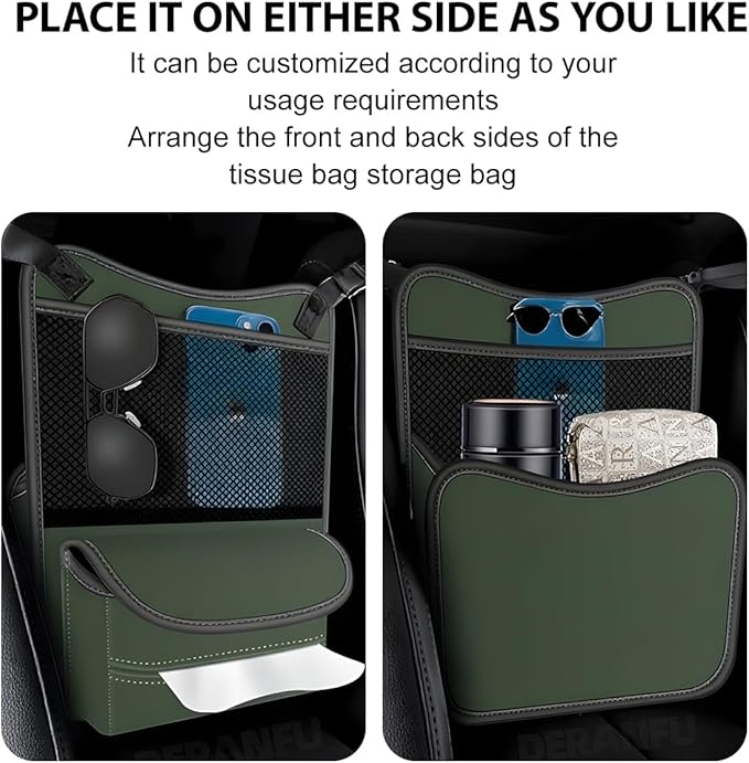 Car Organizer Storage Between Seats, Nappa Leather Large Capacity Vehicle Hanging Handbag Holder for Document Phone, Auto Interior Console Organizer Pocket, Universal Fit (Green)