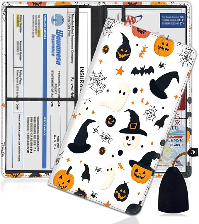 Car Registration Holder, PU Leather Vehicle Glove Box Organizer for Driver License, Document, Car Insurance Holder with Magnetic Shut, Auto Paperwork Wallet Accessories, Halloween Pumpkin + Witch Hat