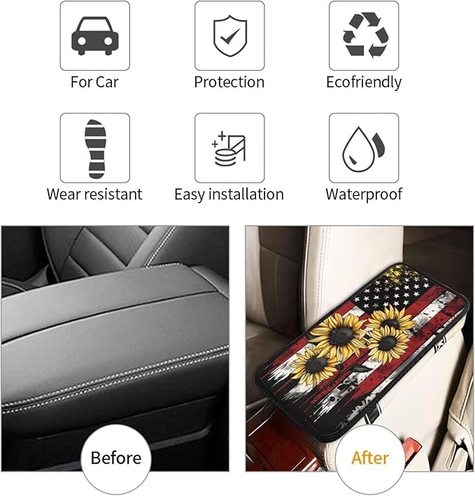 American Flag Car Center Console Cover Protector Vintage Sunflower Comfortable Armrest Covers Cushion Pads Patriot Star Stripe Cars Accessories