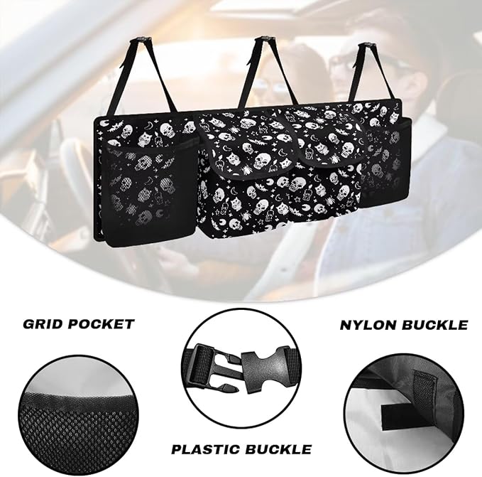 Skull Trunk Organizer for Car, Large-Capacity Trunk Storage Organizer with 4 Pocket, Stylish Car Decor Fashion Car Organizers Storage Back Seat Car Organizer, Keep the Car Clean and Tidy