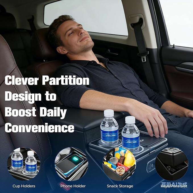 Center Console Organizer for Minivans, SUVs & Middle Van Seats - Floor-Mounted Lockable Storage Box with Dual Cup Holders, 7-Color Ambient Light & Wireless Charging, Ideal for Vehicle Interior